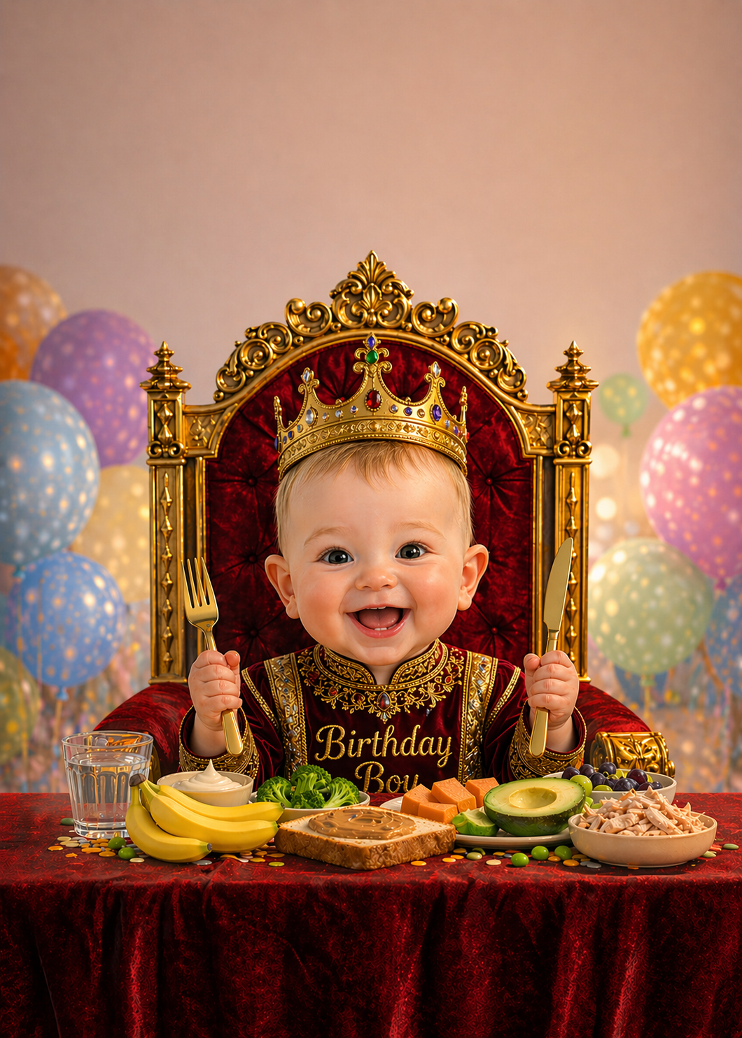 Illustrated portrait of Xaden wearing a crown on a throne, holding a fork and knife behind a table of his favorite foods.